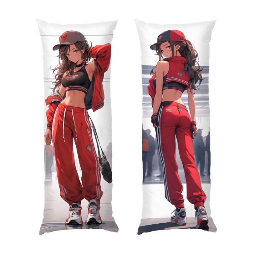 Фітнес леді в стилі аніме в червоному спортивному костюмі Anime style fitness lady in a red sports suit