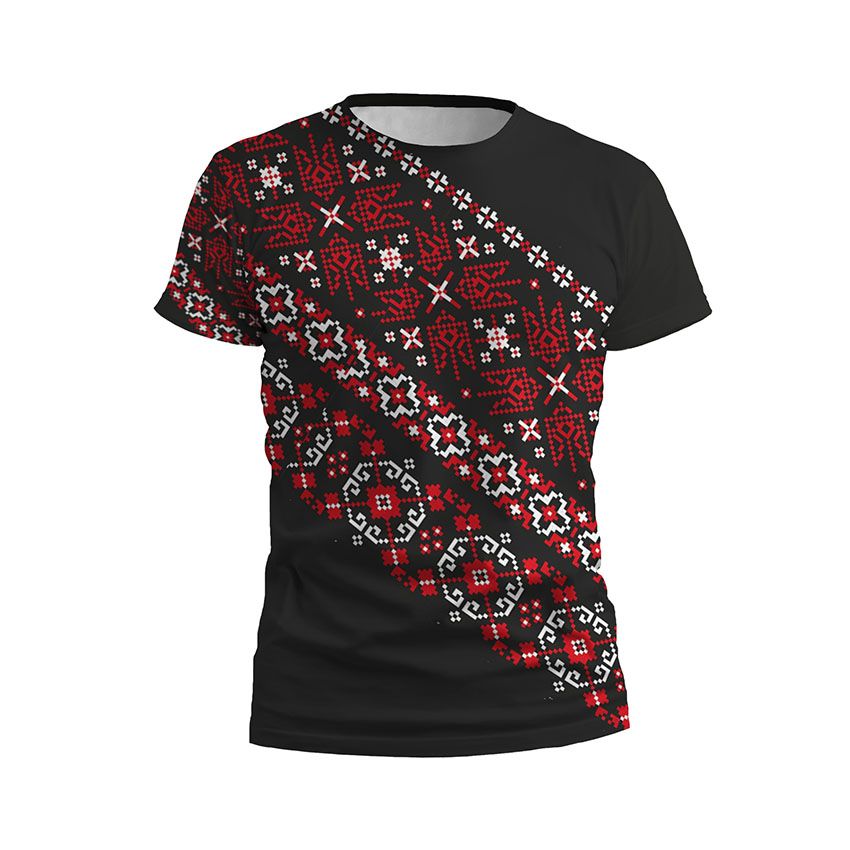 Футболка дитяча спортивна Вишиванка з гербом України Червоно-чорна Embroidered shirt with the coat of arms of Ukraine Red and black