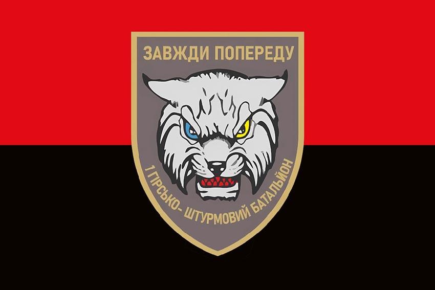 Прапор 1 гірсько штурмового батальйону «Рись» 128 ОГШБр (1 ГШБ 128 ОГШБр) ЗСУ червоно чорний