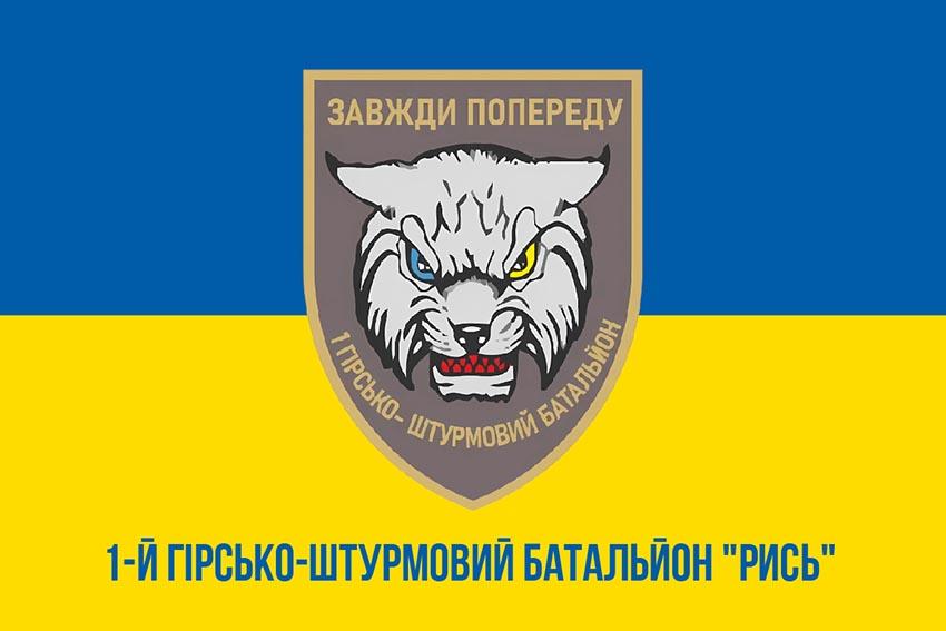 Прапор 1 гірсько штурмового батальйону «Рись» 128 ОГШБр (1 ГШБ 128 ОГШБр) ЗСУ синьо жовтий