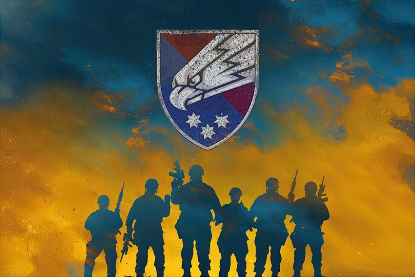 Прапор 25 окремої повітряно десантної бригади (25 ОПДБр) Січеславської ДШВ ЗСУ Воїни світла синьо жовтий