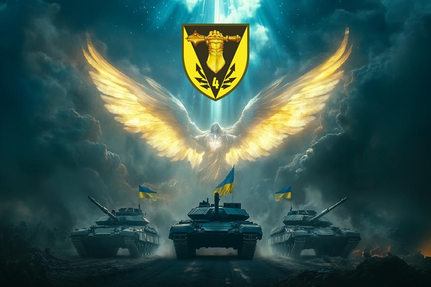 Прапор 4 окремої танкової бригади (4 ОТБр) імені Івана Виговського Янгол ЗСУ синій