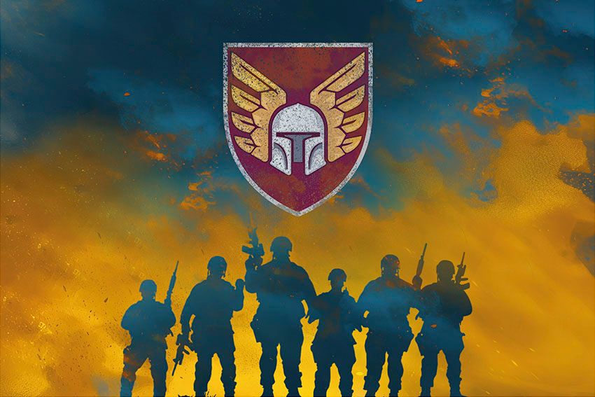 Прапор 46 ОАеМБр (окремої аеромобільної бригади) ДШВ ЗСУ Воїни світла синьо жовтий