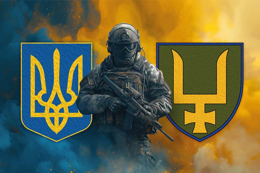 Прапор 53 окремої механізованої бригади (53 ОМБр) імені Володимира Мономаха ЗСУ Воїн з гербом України та підрозділу