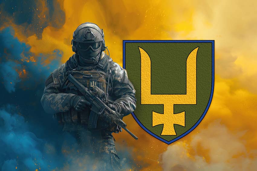 Прапор 53 окремої механізованої бригади (53 ОМБр) імені Володимира Мономаха ЗСУ Воїн з гербом підрозділу