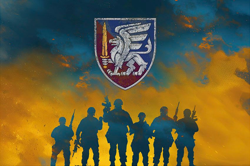 Прапор 81 окремої аеромобільної Слобожанської бригади (81 ОАеМБр) ДШВ ЗСУ Воїни світла синьо жовтий