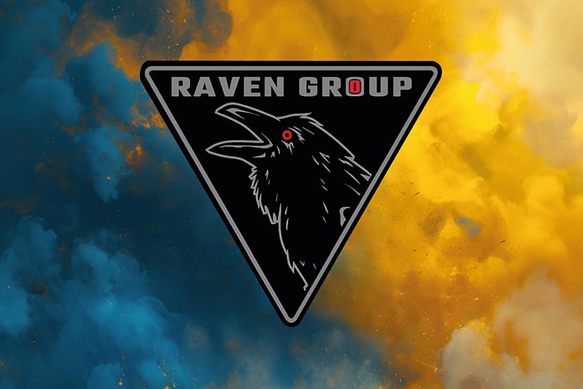 Прапор підрозділу Української добровольчої армії «Raven Group» ГУР МОУ синьо жовтий світанок
