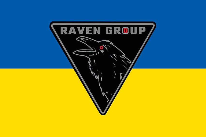 Прапор підрозділу Української добровольчої армії «Raven Group» ГУР МОУ синьо жовтий