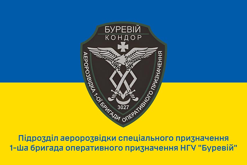 Прапор підрозділу аеророзвідки спеціального призначення 1 БрОП «Буревій кондор» НГУ синьо жовтий