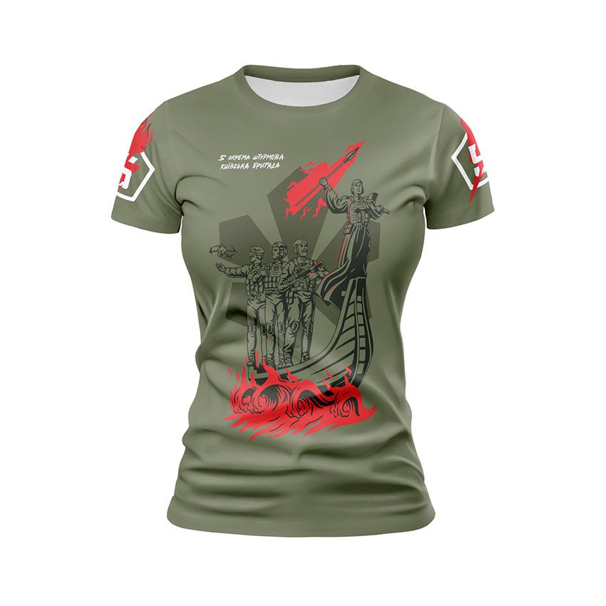 Футболка жіноча спортивна 5-та окрема штурмова Київська бригада Засновники Києва Founders of Kyiv хакі