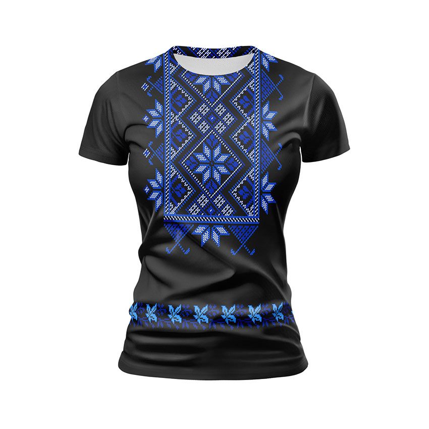 Футболка жіноча спортивна Квіткова вишиванка Чорна Floral embroidery Black Блакитний