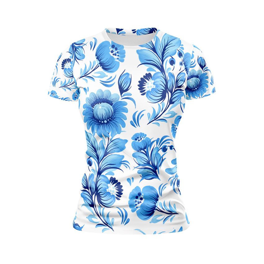 Футболка жіноча спортивна Сині квіти Український розпис Blue flowers Ukrainian painting