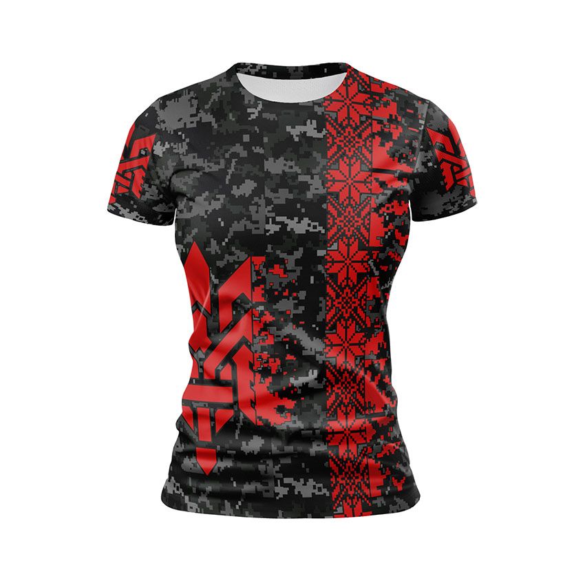 Футболка жіноча спортивна Україна Ukraine Піксель Чорно-червоний