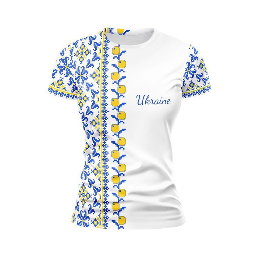 Футболка жіноча спортивна Українська культура Вишиванка Біла Жовто-блакитний