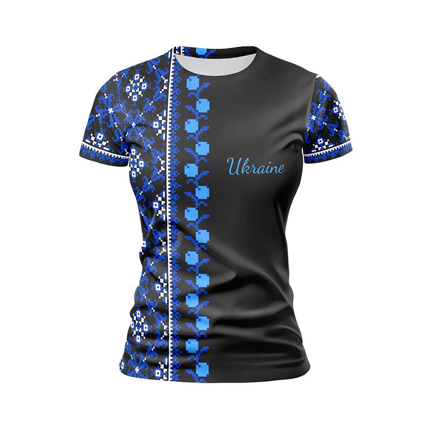 Футболка жіноча спортивна Українська культура Вишиванка Чорна Black Блакитний