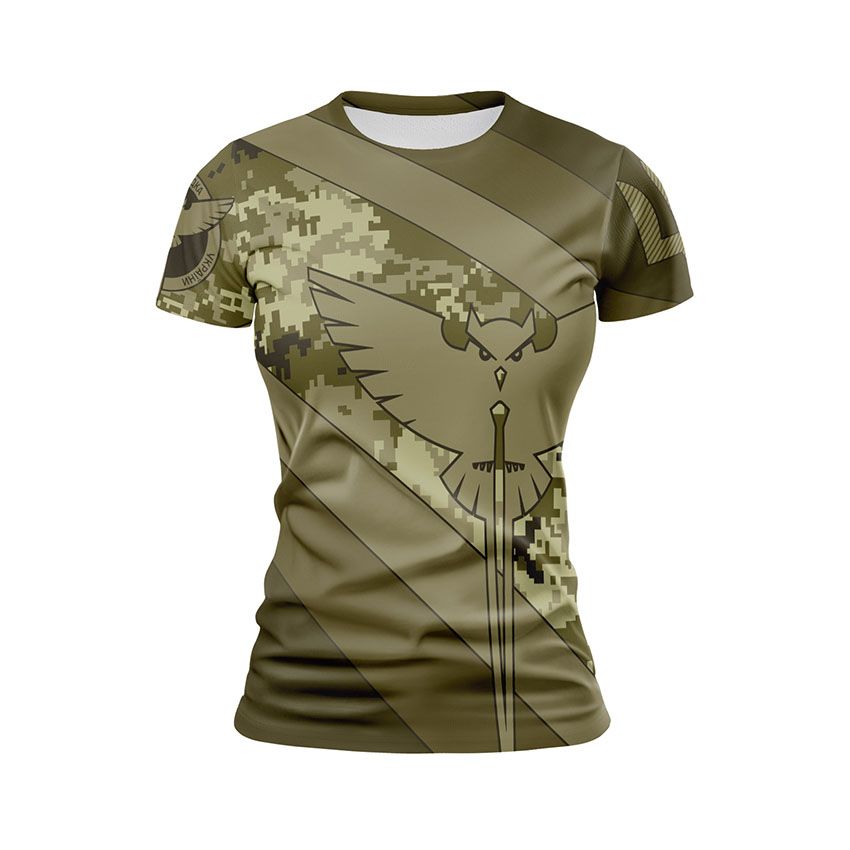 Футболка жіноча спортивна Воєнна розвідка України Камуфляж Military intelligence of Ukraine Camouflage