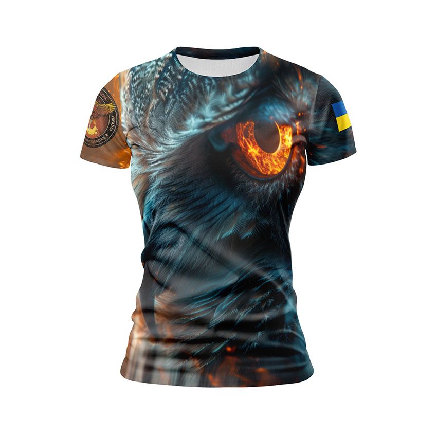 Футболка жіноча спортивна Воєнна розвідка України Вогняна сова Fire owl