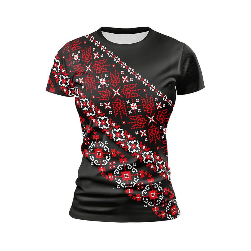 Футболка жіноча спортивна Вишиванка з гербом України Червоно-чорна 11