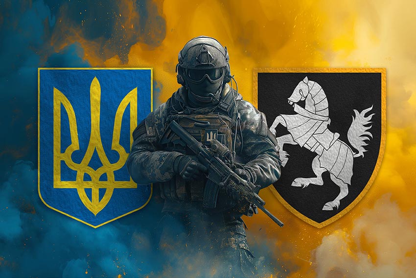 Прапор 1 ОТБр Сіверської ЗСУ Воїн з гербом України та підрозділу