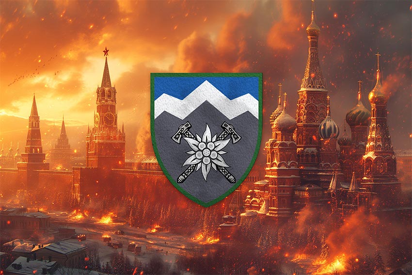 Прапор 10 окремої гірсько-штурмової бригади (10 ОГШБр) «Едельвейс» ЗСУ кремль палає