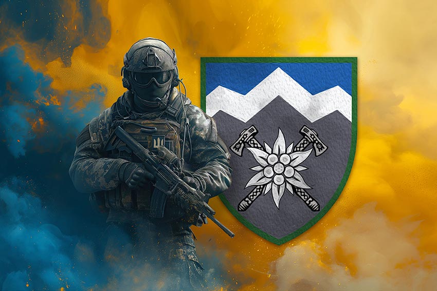 Прапор 10 окремої гірсько-штурмової бригади (10 ОГШБр) «Едельвейс» ЗСУ Воїн з гербом підрозділу