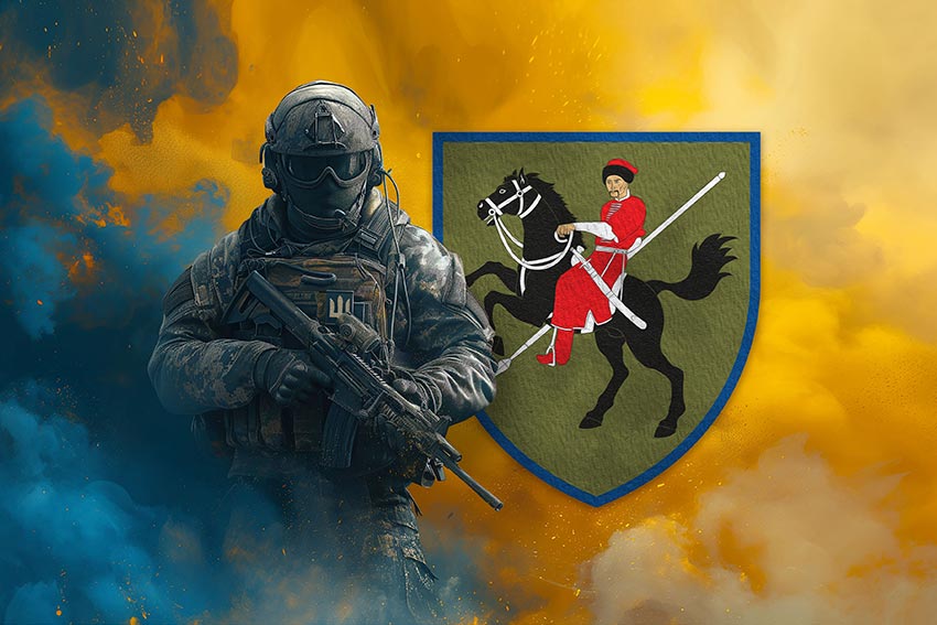 Прапор 110 ОМБр (окремої механізованої бригади) імені Марка Безручка ЗСУ Воїн з гербом підрозділу