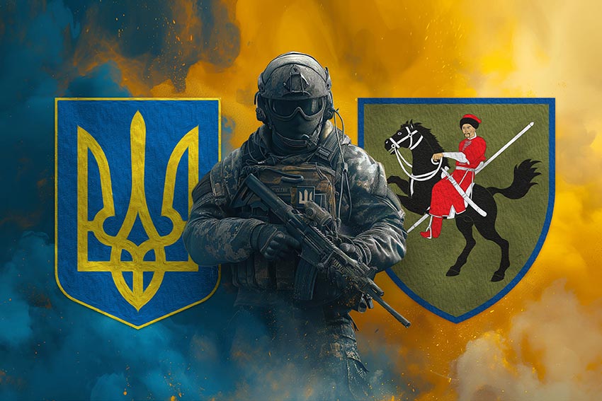 Прапор 110 ОМБр (окремої механізованої бригади) імені Марка Безручка ЗСУ Воїн з гербом України та підрозділу