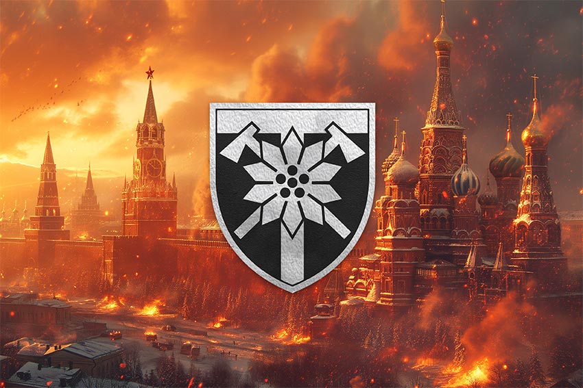 Прапор 128 окремої гірсько-штурмової бригади (128 ОГШБр) Закарпатської ЗСУ кремль палає