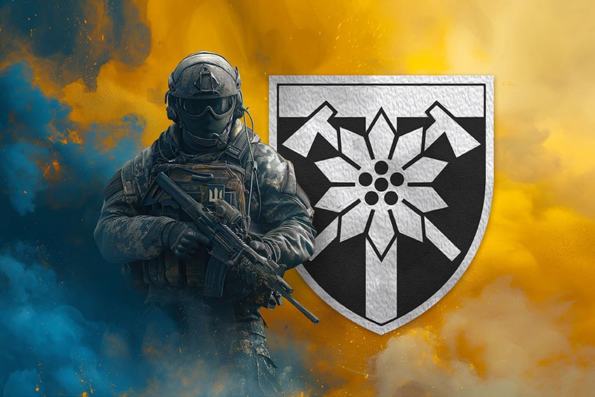 Прапор 128 окремої гірсько-штурмової бригади (128 ОГШБр) Закарпатської ЗСУ Воїн з гербом підрозділу