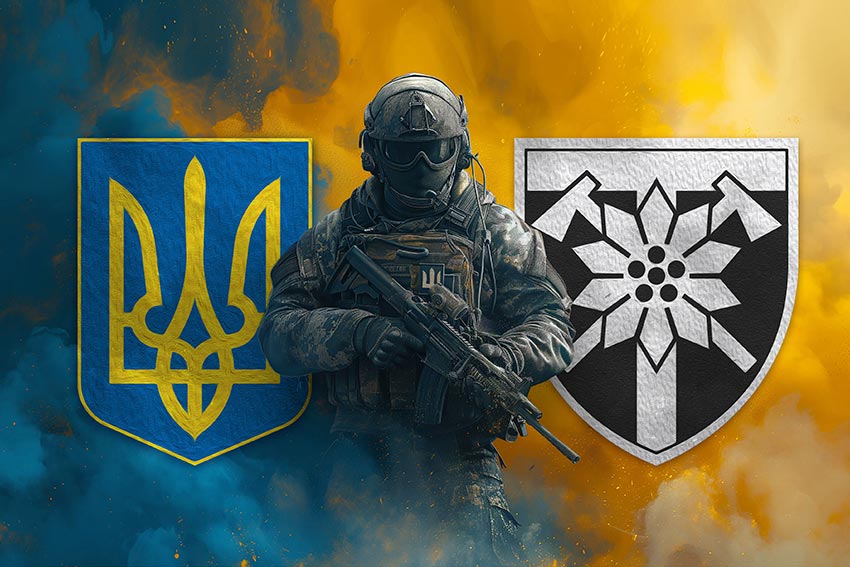 Прапор 128 окремої гірсько-штурмової бригади (128 ОГШБр) Закарпатської ЗСУ Воїн з гербом України та підрозділу