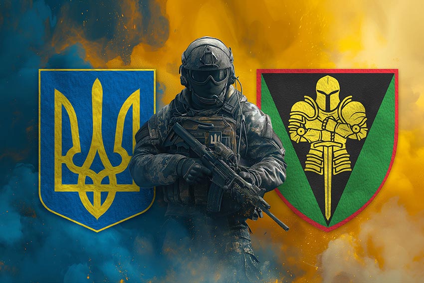 Прапор 17 ОТБр імені Костянтина Пестушка ЗСУ Воїн з гербом України та підрозділу