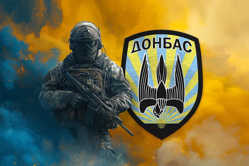 Flag of the 2nd Special Purpose Battalion (SPB) «Donbas» of the National Guard of Ukraine: A soldier with the unit’s emblem