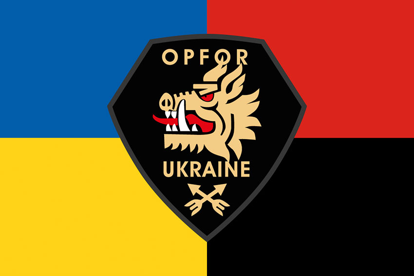 Прапор 214 Окремого спеціального батальйона «OPFOR» ЗСУ жовто-синій червоно-чорний