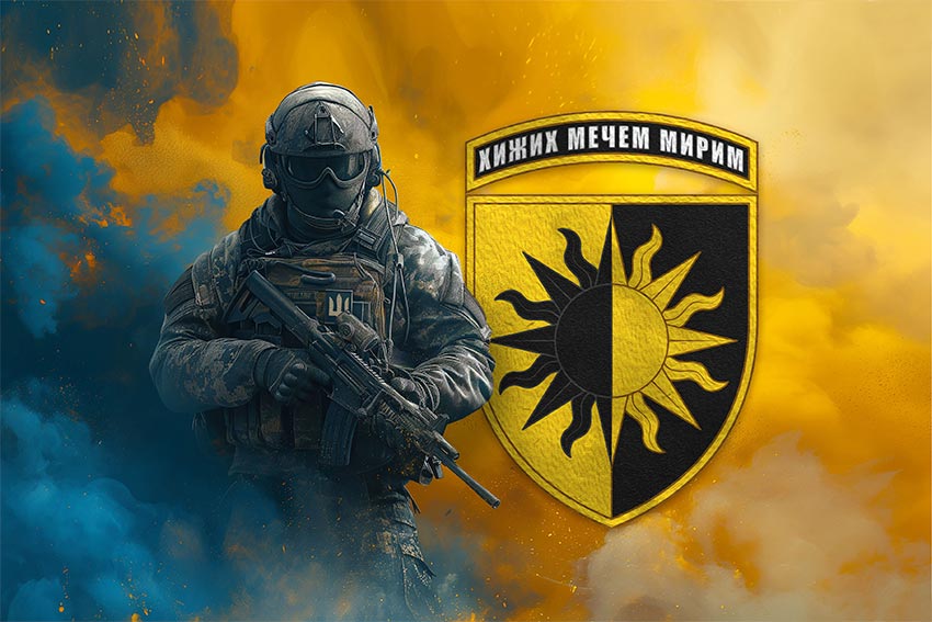 Прапор 22 окремої механізованої бригади (22 ОМБр) СВ ЗСУ Воїн з гербом підрозділу