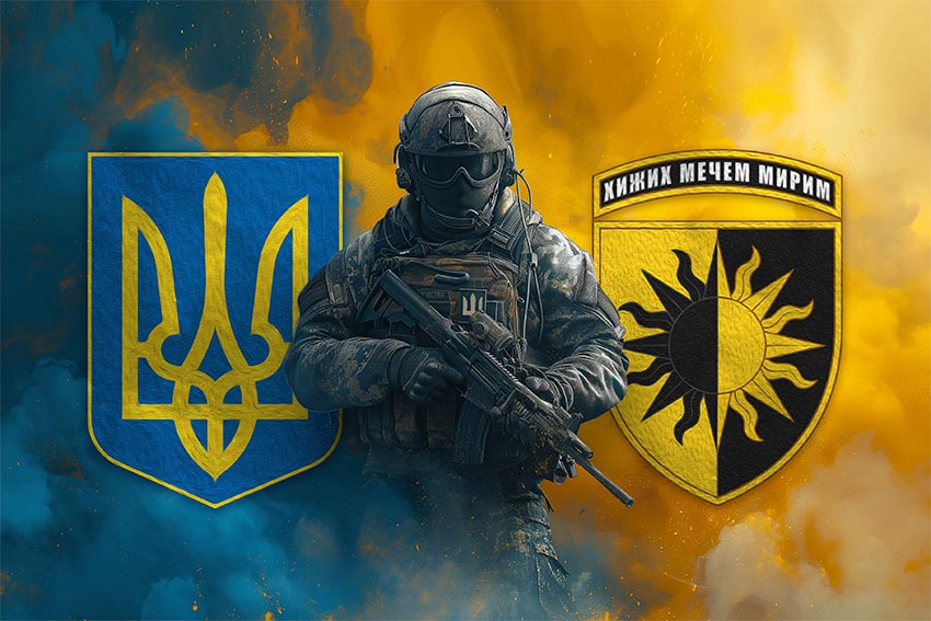 Прапор 22 окремої механізованої бригади (22 ОМБр) СВ ЗСУ Воїн з гербом України та підрозділу