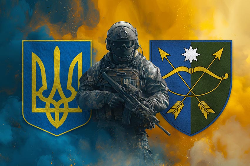 Прапор 23 ОМБр (окрема механізована бригада) ЗСУ Воїн з гербом України та підрозділу