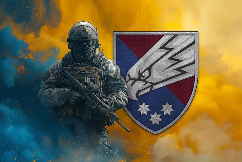 Прапор 25 окремої повітряно-десантної бригади (25 ОПДБр) Січеславської ДШВ ЗСУ Воїн з гербом підрозділу