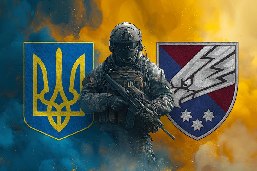 Прапор 25 окремої повітряно-десантної бригади (25 ОПДБр) Січеславської ДШВ ЗСУ Воїн з гербом України та підрозділу