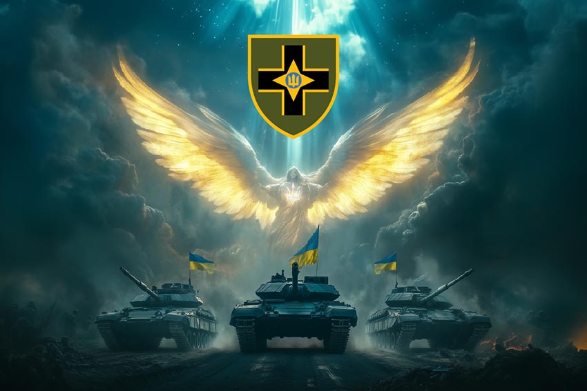 Flag of the 28th Mechanized Brigade named after the Knights of the Winter Campaign, "Angel of the Armed Forces of Ukraine," blue