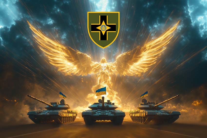 Flag of the 28th Mechanized Brigade, named after the Knights of the Winter Campaign, "Angel of the Armed Forces of Ukraine" (gold)