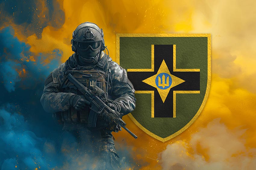 Прапор 28 ОМБр імені Лицарів Зимового Походу ЗСУ Воїн з гербом підрозділу