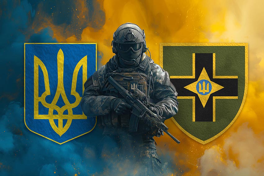 Прапор 28 ОМБр імені Лицарів Зимового Походу ЗСУ Воїн з гербом України та підрозділу