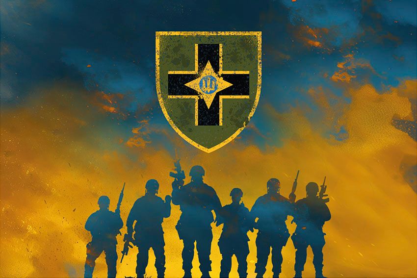 Flag of the 28th Mechanized Brigade of the Armed Forces of Ukraine, named after the Knights of the Winter Campaign—Warriors of Light, blue and yellow