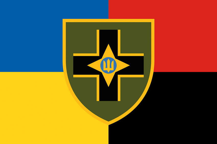 Прапор 28 ОМБр імені Лицарів Зимового Походу ЗСУ жовто-синій червоно-чорний