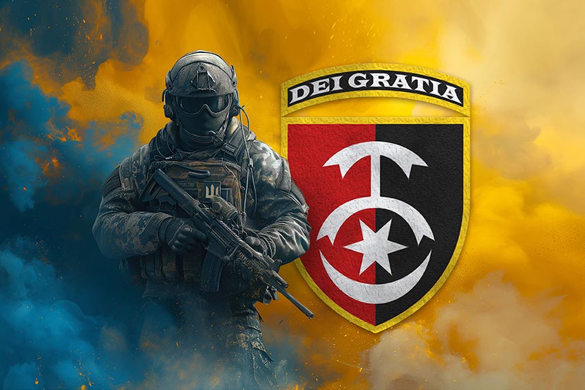 Прапор 30 ОМБр імені князя Костянтина Острозького ЗСУ Воїн з гербом підрозділу