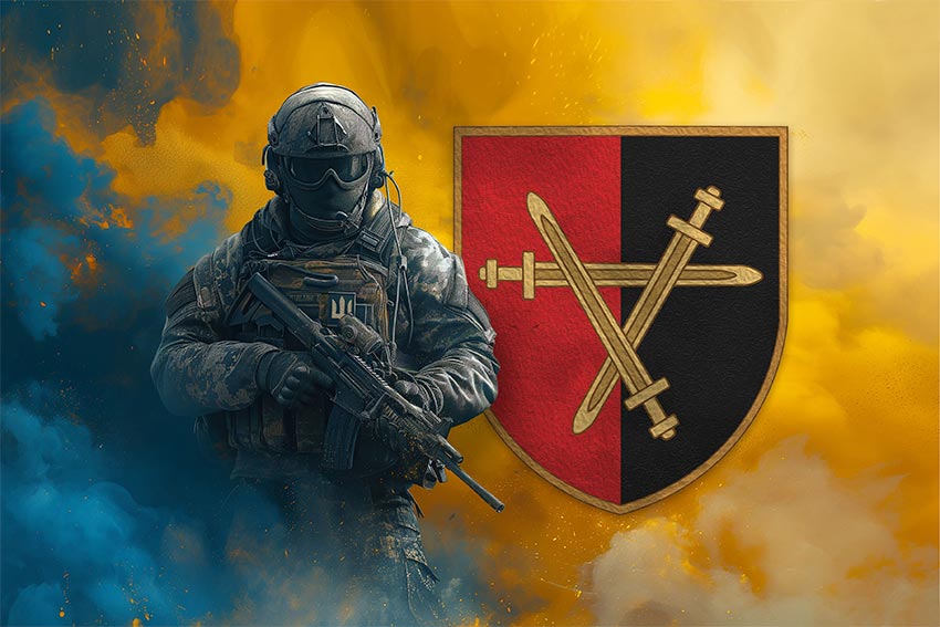 Прапор 32 окремої механізованої бригади (32 ОМБр) ЗСУ Воїн з гербом підрозділу