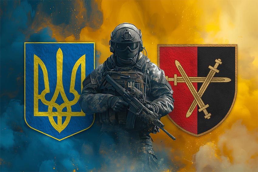 Прапор 32 окремої механізованої бригади (32 ОМБр) ЗСУ Воїн з гербом України та підрозділу