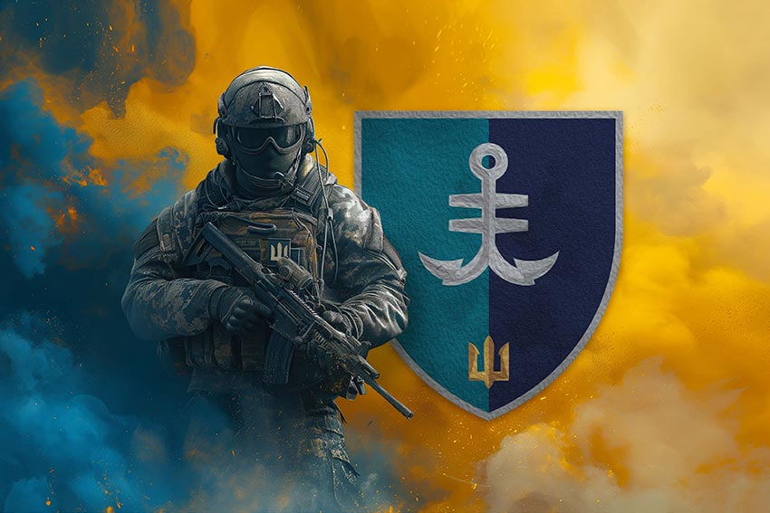 Прапор 35 окремої бригади морської піхоти (35 ОБрМП) імені Михайла Остроградського ВМС ЗСУ Воїн з гербом підрозділу