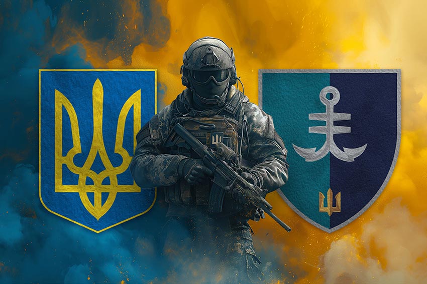 Прапор 35 окремої бригади морської піхоти (35 ОБрМП) імені Михайла Остроградського ВМС ЗСУ Воїн з гербом України та підрозділу