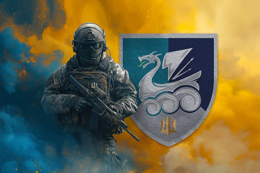 Прапор 36 окремої бригади морської піхоти (36 ОБрМП) імені Михайла Білинського ВМС ЗСУ Воїн з гербом підрозділу